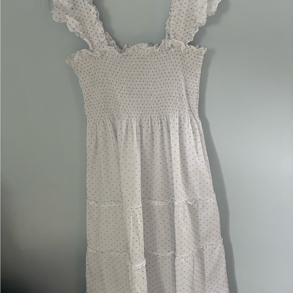 Hill House Ellie Nap Dress.  White with blue Swiss dots.